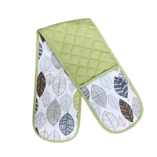 Kitchen Double Oven Glove With Contemporary Green Leaf Print Design - a Cheeky Plant